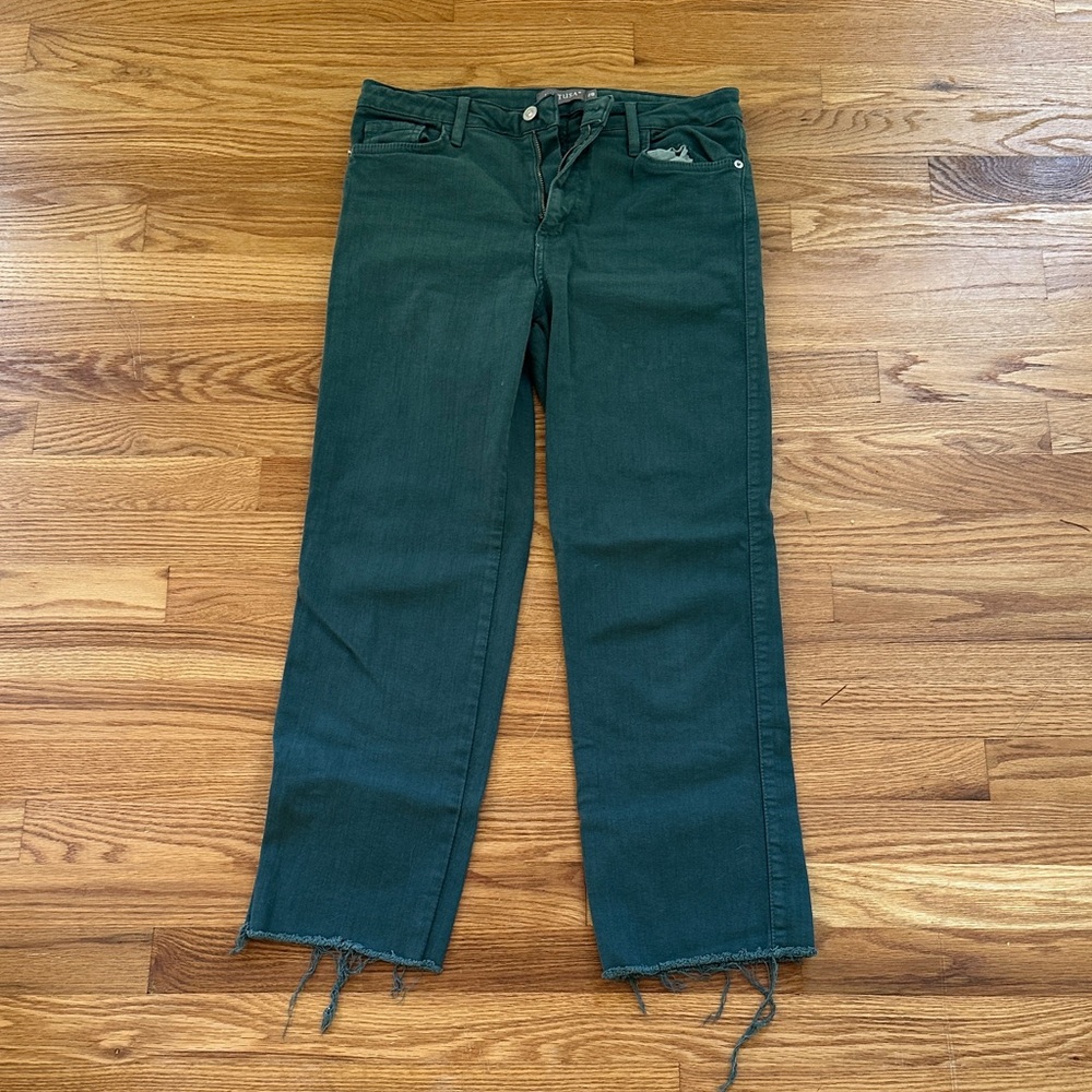 Green mid-rise cut off straight leg jeans